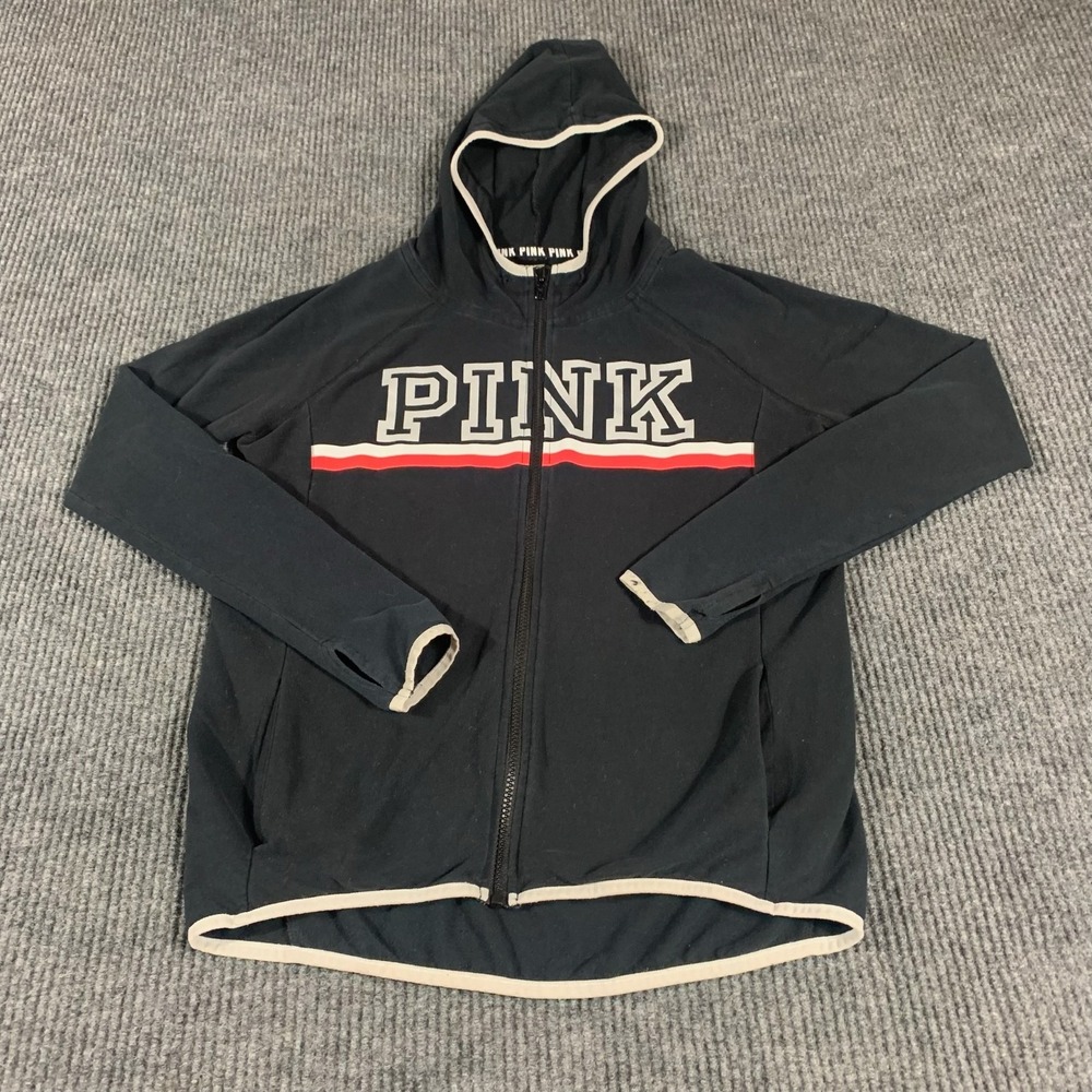 PINK‎ Victoria Secret Hoodie Womens Small Black Full Zip Thumb Holes Sweatshirt